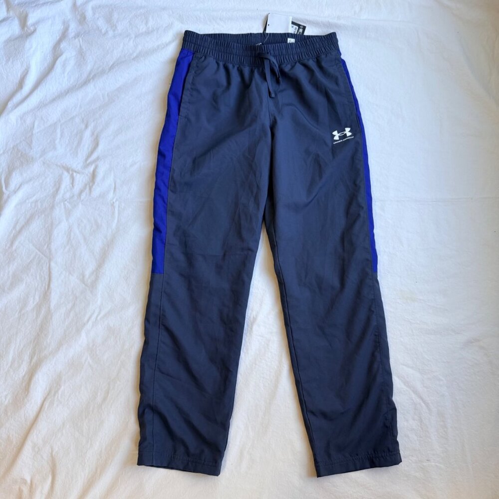 NWT Under Armour Boys Loose Fit Rival Woven Pants YL Navy Blue with Drawstring